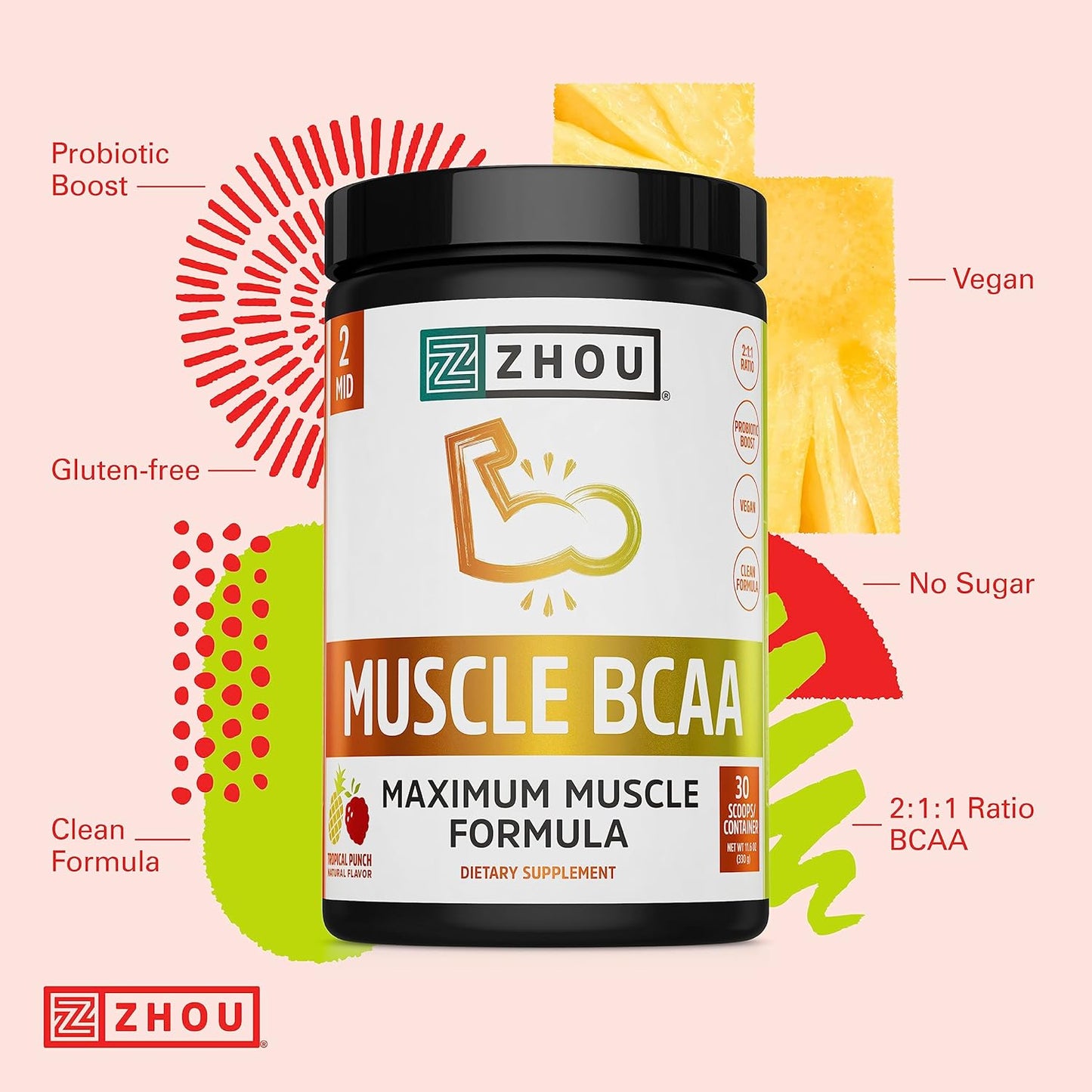 Zhou Nutrition Muscle BCAA Powder, Vegan Muscle Recovery, Natural, Clean Formula for Optimal Absorption, Probiotic Boost, Vitamin C, Gluten and Sugar Free, Tropical Punch, 30 Servings