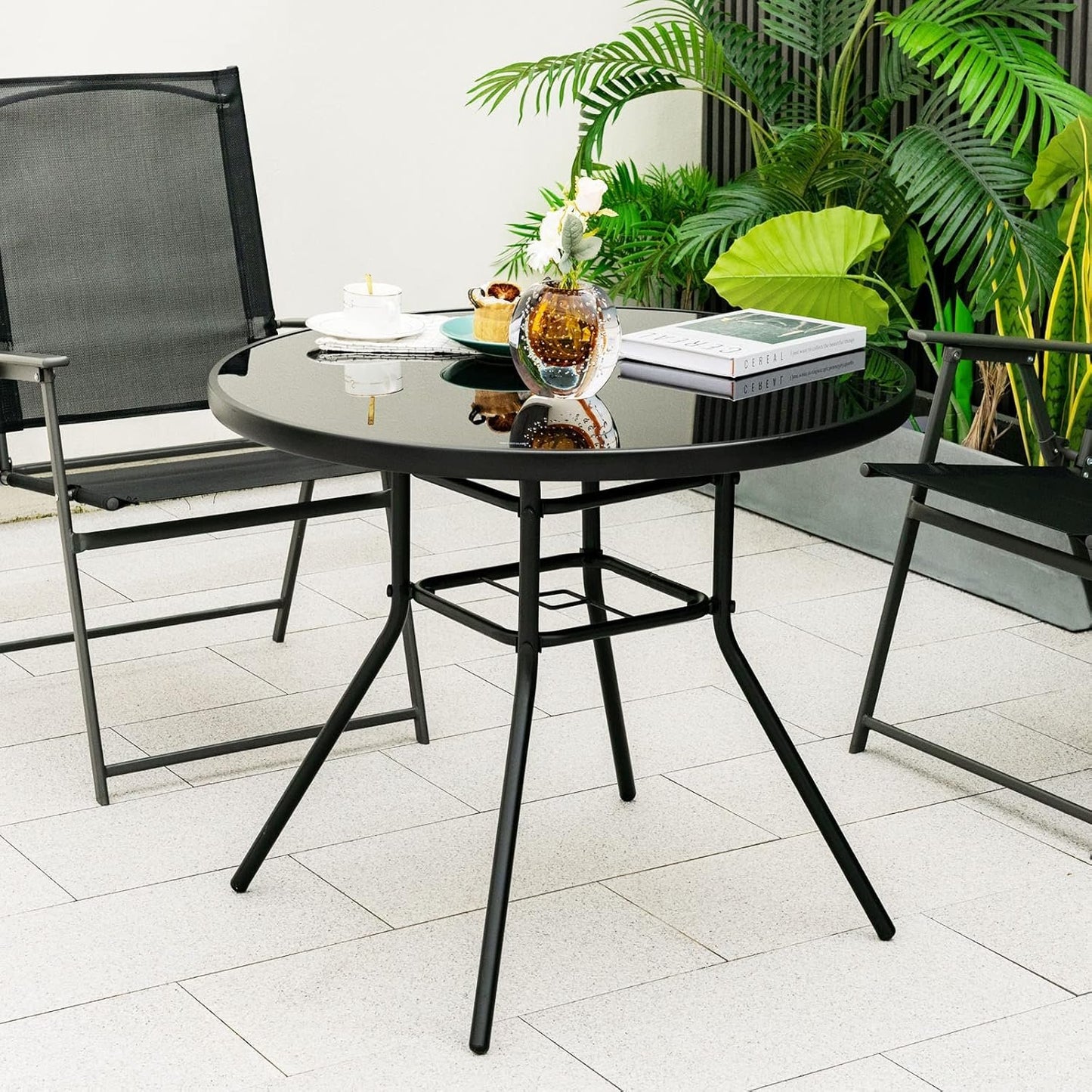 HAPPYGRILL 34" Outdoor Bistro Table, Patio Dining Table with 1.5” Umbrella Hole, Silkscreen Glass Tabletop, Metal Frame, Round Side Table Conversation Coffee Table for Patio Garden Backyard Poolside