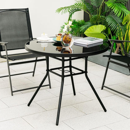 HAPPYGRILL 34" Outdoor Bistro Table, Patio Dining Table with 1.5” Umbrella Hole, Silkscreen Glass Tabletop, Metal Frame, Round Side Table Conversation Coffee Table for Patio Garden Backyard Poolside