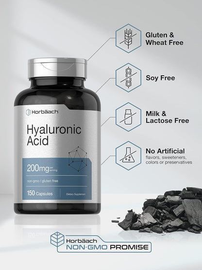 Horbaach Hyaluronic Acid 200 mg 150 Capsules | Supports Joint and Skin Hydration | Non-GMO & Gluten Free Supplement