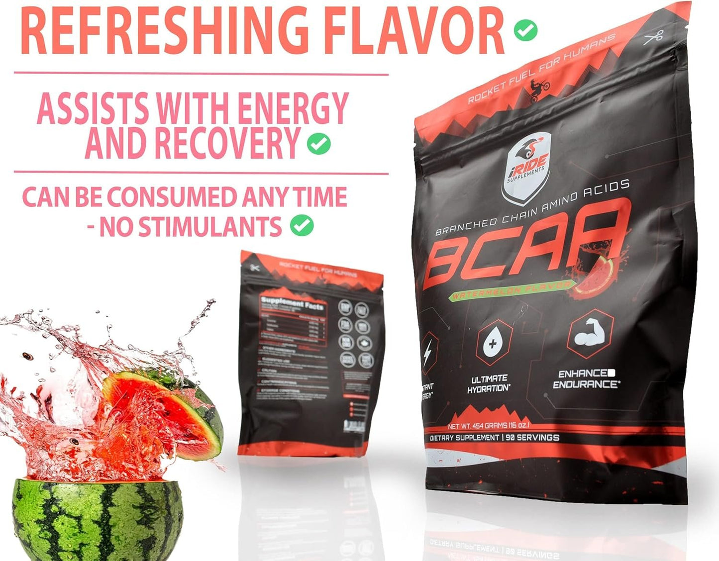 iRide Supplements - Branched Chain Amino Acids BCAA Protein Powder, Watermelon Flavour - Ideal for Hydration, Boosts Energy, Enhanced Performance, Endurance & Metabolism - Athlete Supports-90 Servings