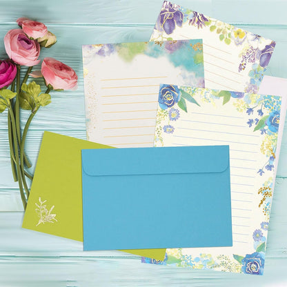 KSIWRE Stationary Paper Set,24 Gold Foil Stamping Letter Paper with 12 Envelopes,Cute Lined Stationary Writing Paper,Great for Love Letter Holiday Wishes Invitations