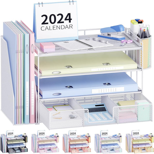 OPNICE Desk Organizers and Accessories, 4 Tier Tray Letter Paper Organizer with Vertical File Folder Holder Organizer, Desktop Organization and Desk Accessories for Office Suppliesï¼ˆWhiteï¼‰