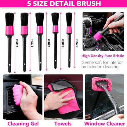 Car Cleaning Kit, Car Vacuum Detailing Kit Interior with High Power Handheld Vacuum, Including 7Pcs Detailing Brush Set, Windshield Cleaner, Pink Car Accessories for Women