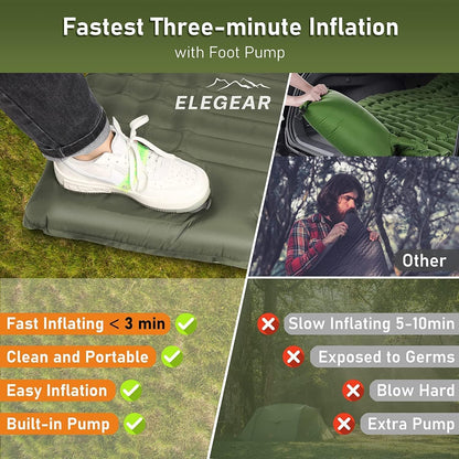 Camping Sleeping Pad-Elegear 4inchUltra-Thick Double Self-Inflating Mattress Camping Waterproof, Air Sleep Mat with Carry Bag Built-in Pillow Foot Pump for Cots Backpacking,Hiking,Camping,Travel,Green