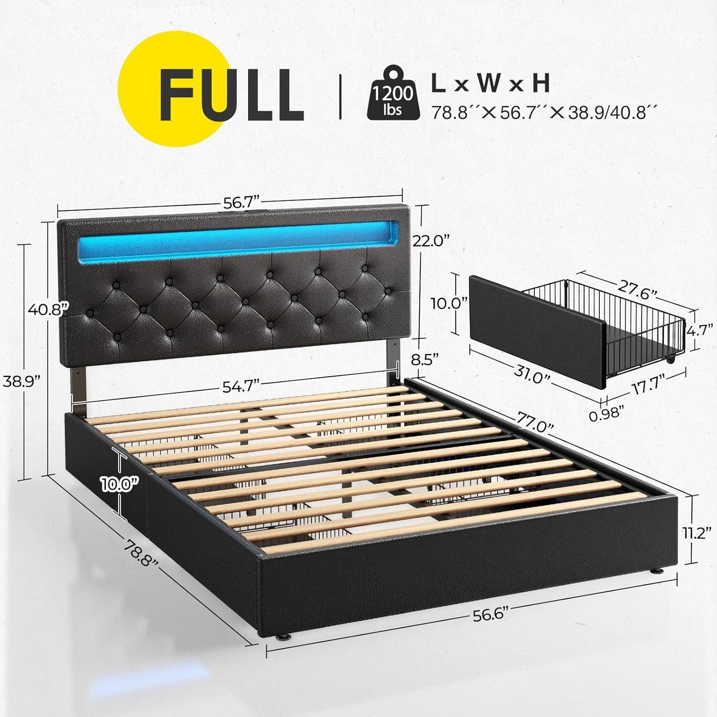 Rolanstar Full Size Bed Frame with 4 Storage Drawers and Charging Station, Upholstered PU Leather Bed with Adjustable Headboard and LED Lights, No Box Spring Needed, Easy Assembly, Black