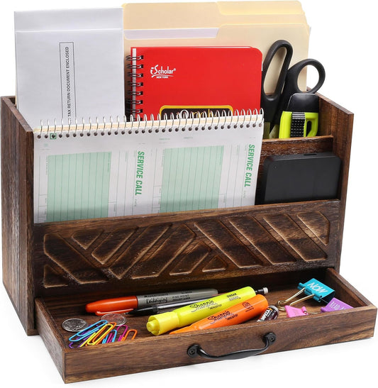 Wood Office Desk Organizers and Storage, Wood Mail Bill Organizer with Drawer for Desktop Organization, Desk Accessories & Workspace Organizers, File Paper Holder Desk Sorter for Storage(Rustic Brown)