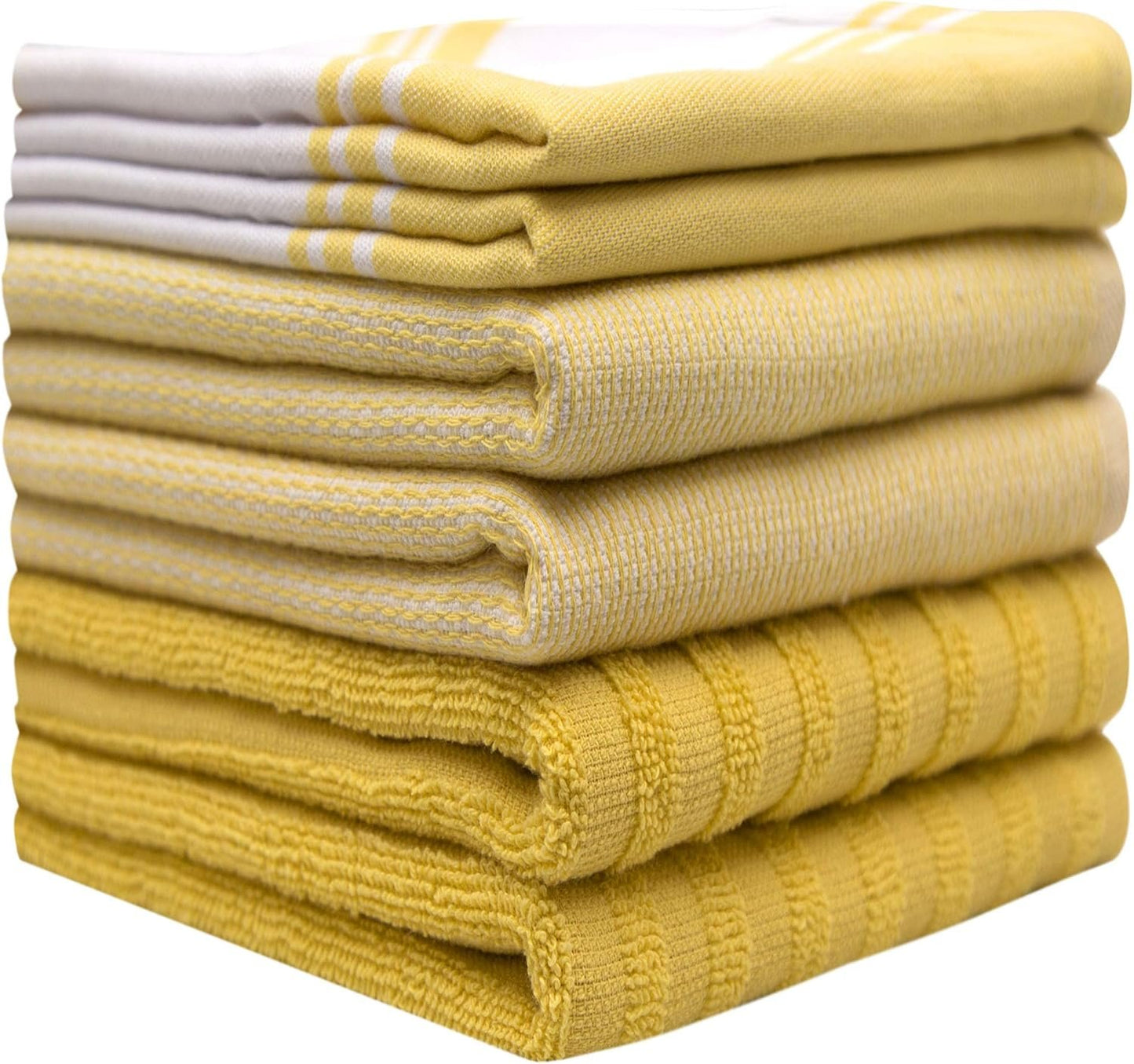 Premium Large Kitchen Hand Towels (20"x 28", 6 Pack) | Cotton Flat & Terry Towels | Highly Absorbent Tea Towels Set With Hanging Loop | Wide Stripe Yellow