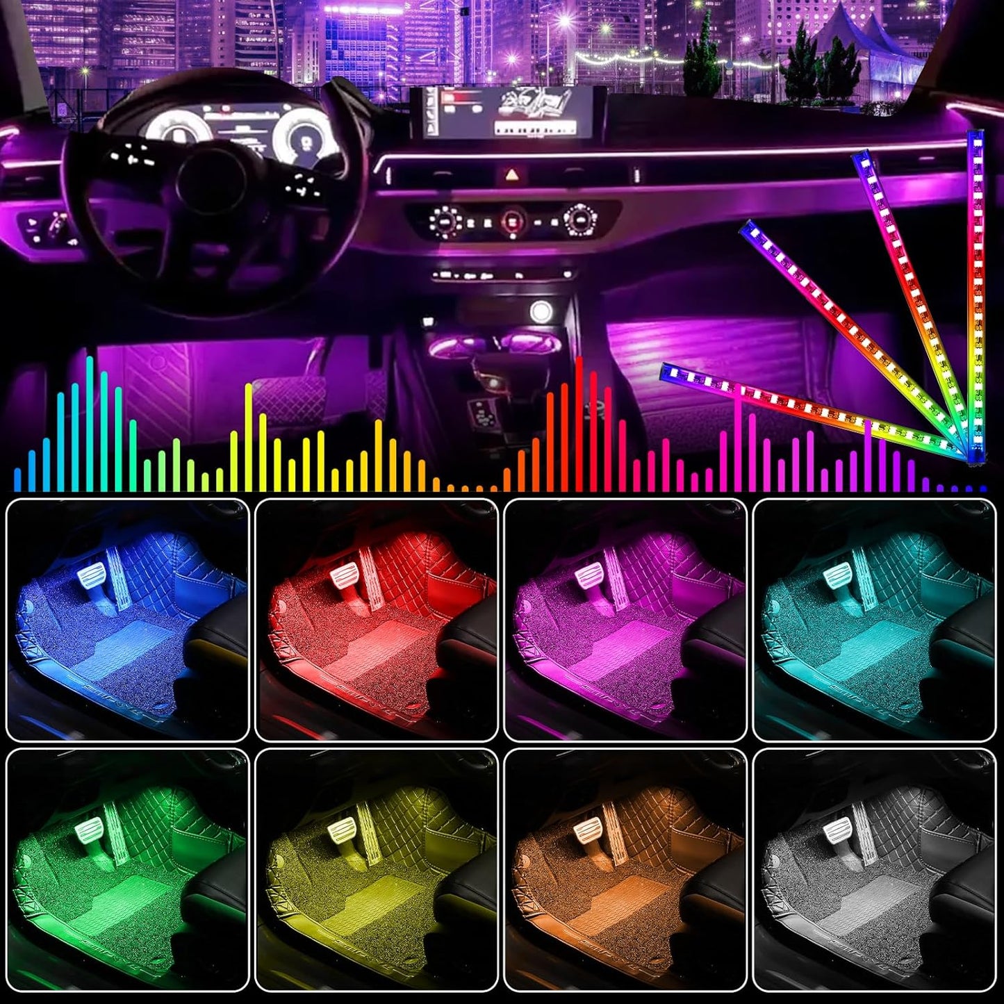 LED Interior Lighting Car, 4pcs 72 Strips RGB Car Interior Lighting Ambient Lighting 12V Cigarette Lighter LED Strip with App Control & Remote Control Dynamic Music Neon