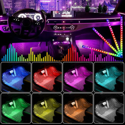 LED Interior Lighting Car, 4pcs 72 Strips RGB Car Interior Lighting Ambient Lighting 12V Cigarette Lighter LED Strip with App Control & Remote Control Dynamic Music Neon