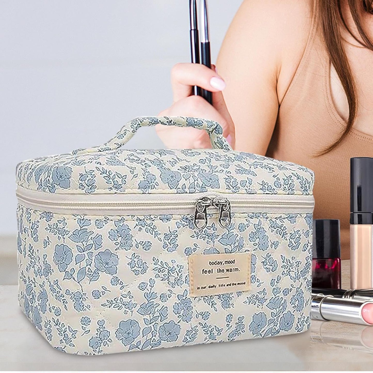 Floral Makeup Bag Set, 3-Piece Quilted Cosmetic Organizer, Blue, Travel Toiletry Pouch, Cotton Carry Bag for Brushes, Shampoo, Facial Cleanser, Accessories, blue, Please refer to description
