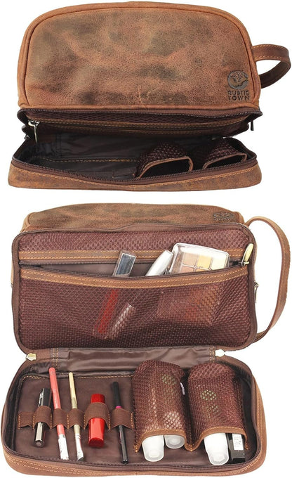 Genuine Leather Travel Cosmetic Bag - Hygiene Organizer Dopp Kit by Rustic Town, Brown, Medium, Rt6318flr