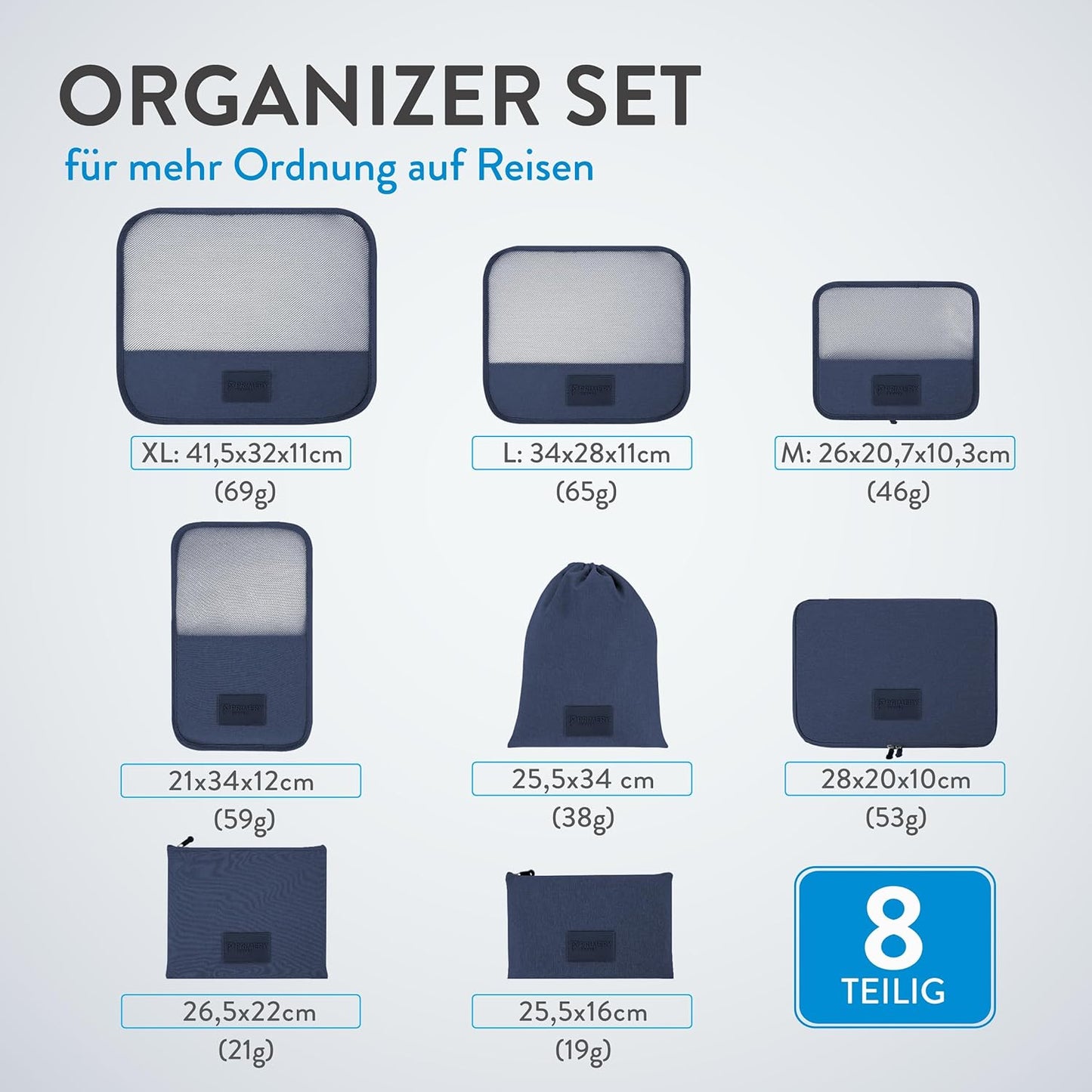 PRIMERY 8 Pack Packing Cubes Suitcase Organizer (Blue) - Packing Cubes and Bags for Holiday and Travel - Suitcase Bags for Clothes, Shoes, Underwear - Suitcase Travel and Travel Suitcase