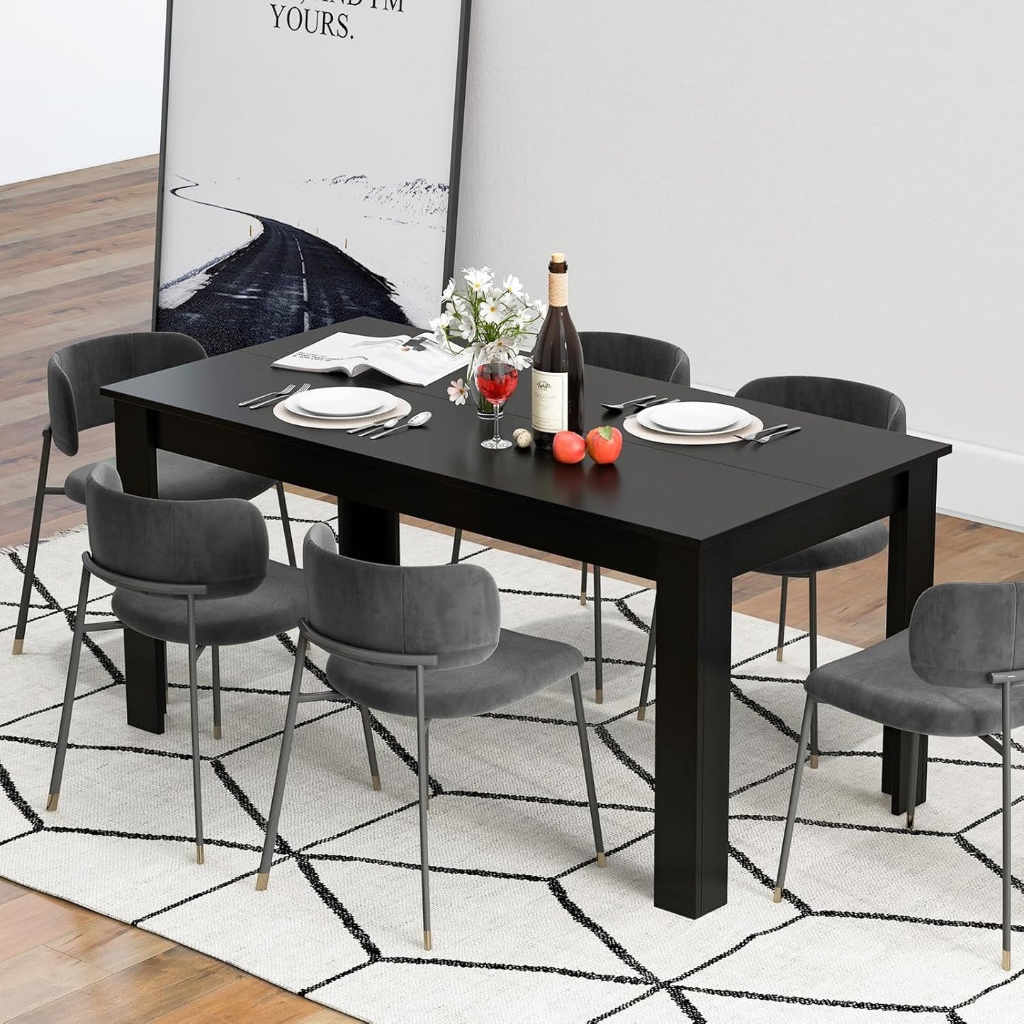 Giantex Dining Table for 6-8, Wood Rectangular Table, 63" L x 31.5" W x 30" H Large Farmhouse Center Table, Home Furniture Kitchen Table, Modern Dining Room Table, Supporting for 330LBS, Black