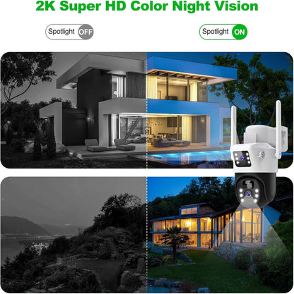 oolong Security Camera Outdoor Wireless with Dual Lens Dual PIR,10400mAh Battery,355Â°P 90Â°T, 8W Solar Panel,Solar Home WiFi Surveillance Ring Camera with Color Night Vision,64GB Card Included,IP66