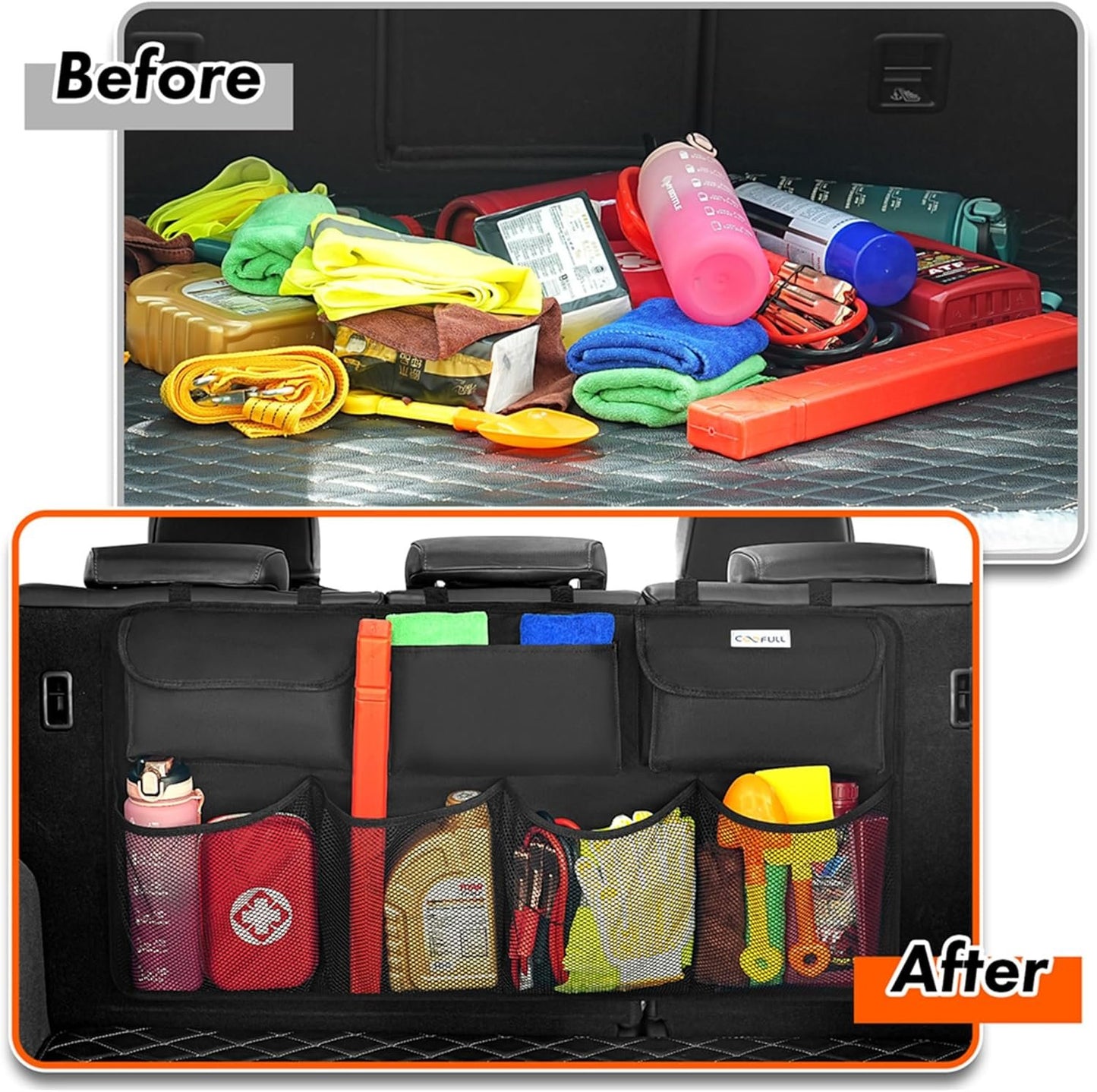 COOFULL Car Trunk Organizer - Super Capacity Car Hanging Boot Organisers with 7 Enlarged Pockets, 2 Long Magic Stick, Car Boot Tidy Storage Bag, Black