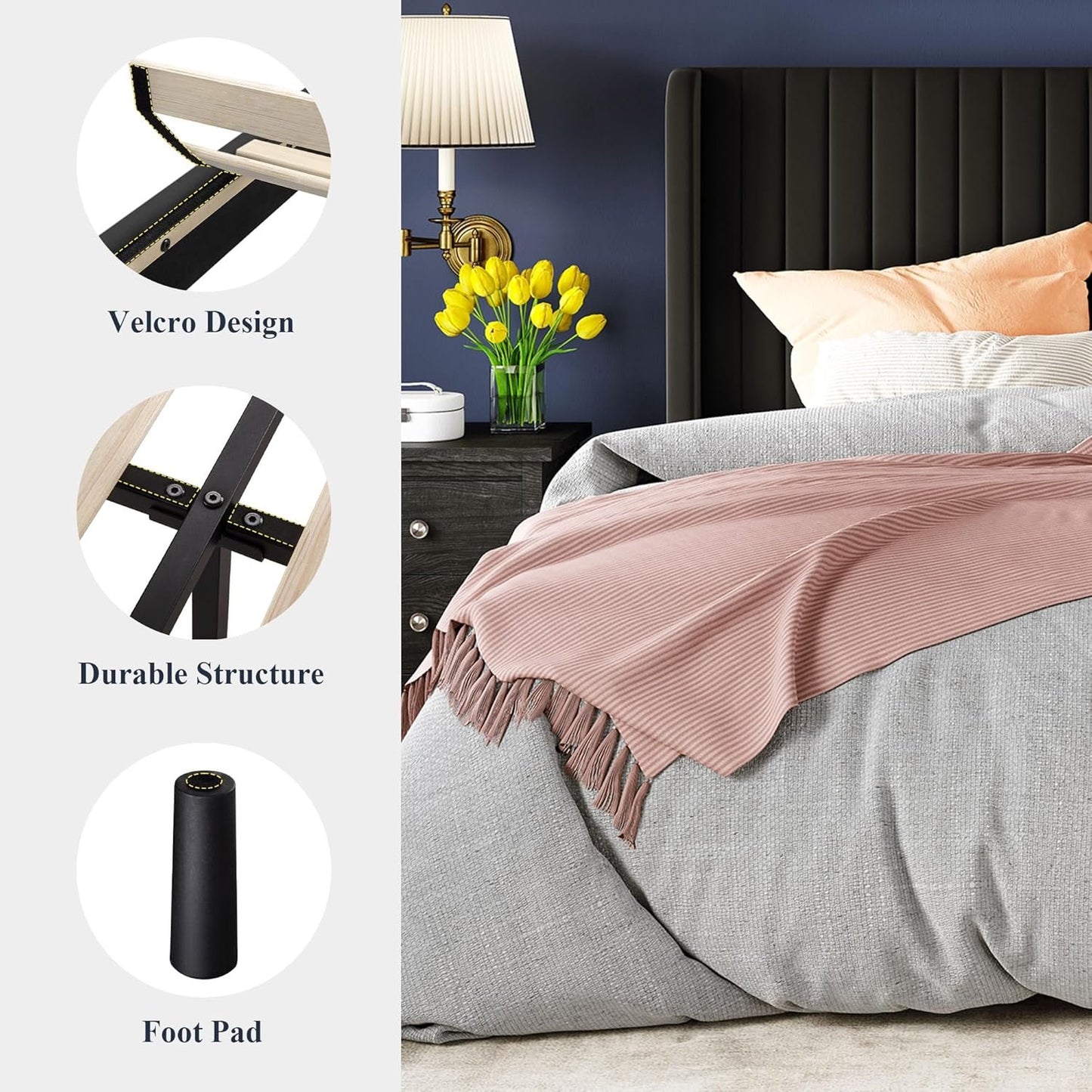 Allewie Queen Size Velvet Bed Frame/Vertical Channel Tufted Wingback Headboard/Upholstered Platform Bed/Strong Wooden Slats/No Box Spring Needed/Easy Assembly/Black