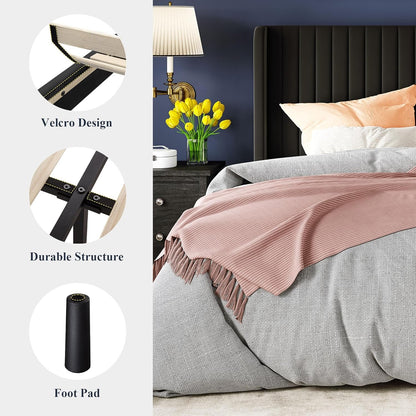 Allewie Queen Size Velvet Bed Frame/Vertical Channel Tufted Wingback Headboard/Upholstered Platform Bed/Strong Wooden Slats/No Box Spring Needed/Easy Assembly/Black