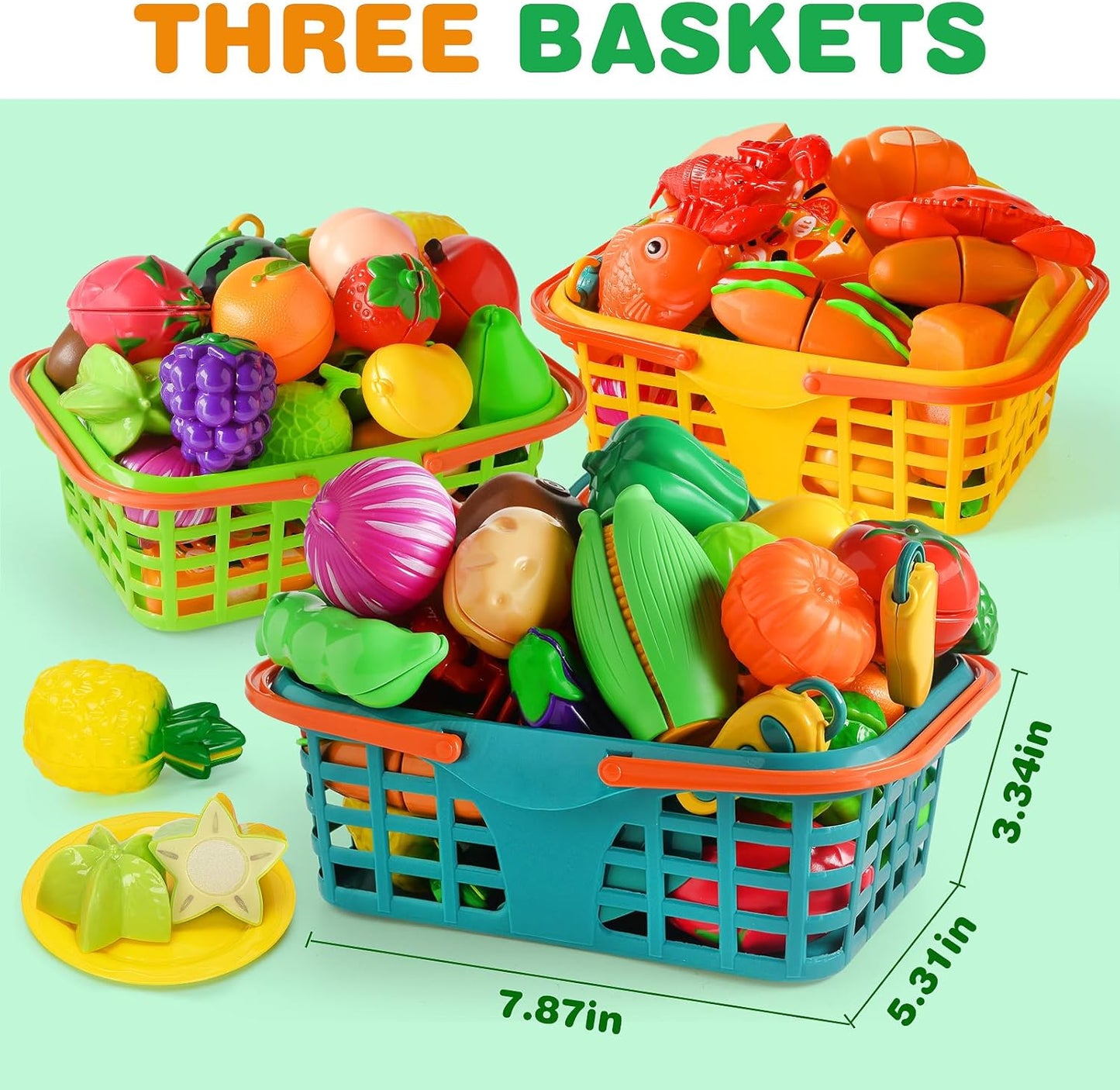 Play Food Set for Kids Kitchen- 100 Pcs Pretend Kitchen Food Toy for Toddlers, Cutting Fake Food/ Fruit/ Vegetable Accessories with Three Baskets, Birthday Gift 3 4 5 Years Old Boy Girl