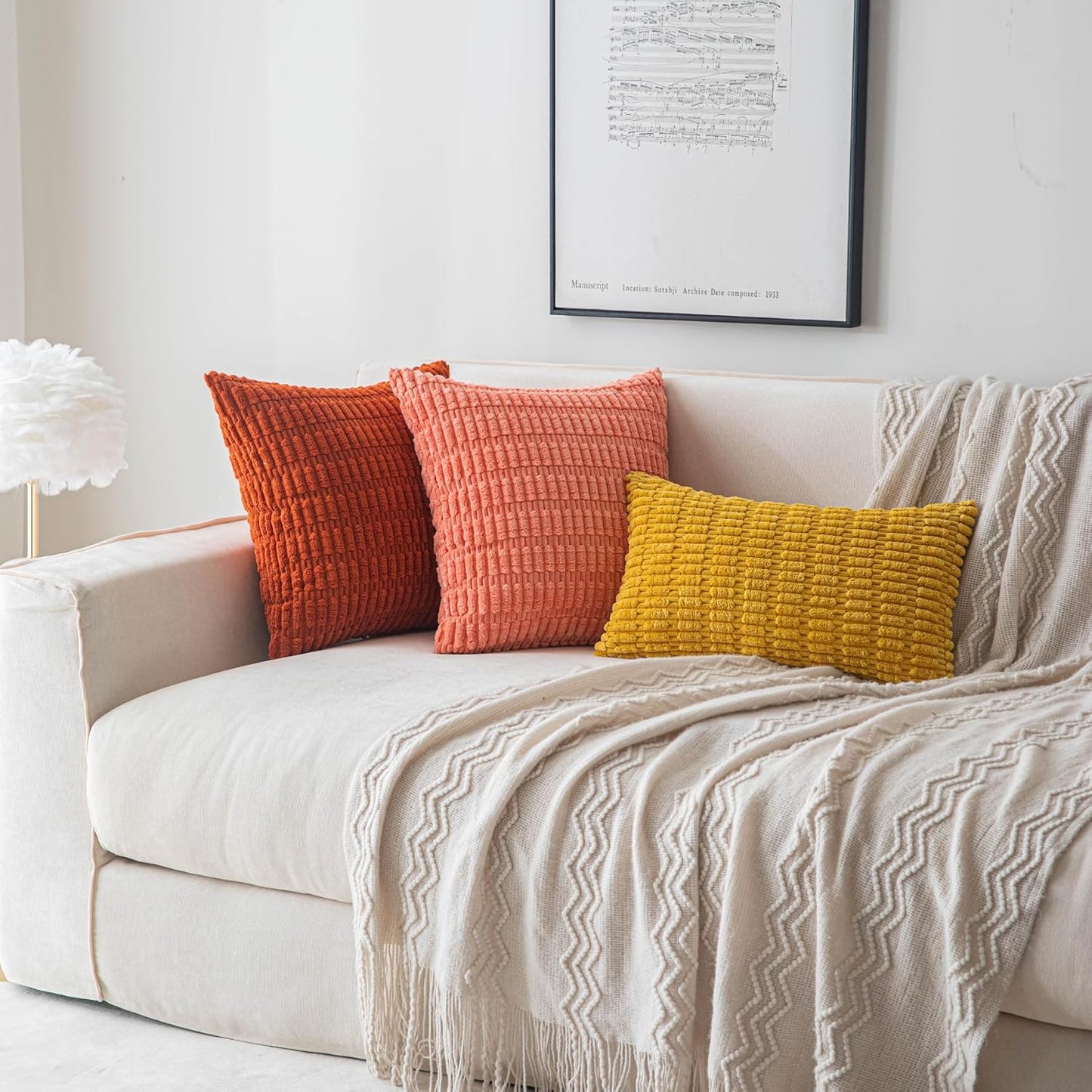 SHITURRE Decorative Throw Pillow Covers for Couch Bed Sofa Livingroom, Coral Red Square Cushion Covers Corduroy Striped Pillowcases for Boho Home Decor(18"x18", 2 Packs)