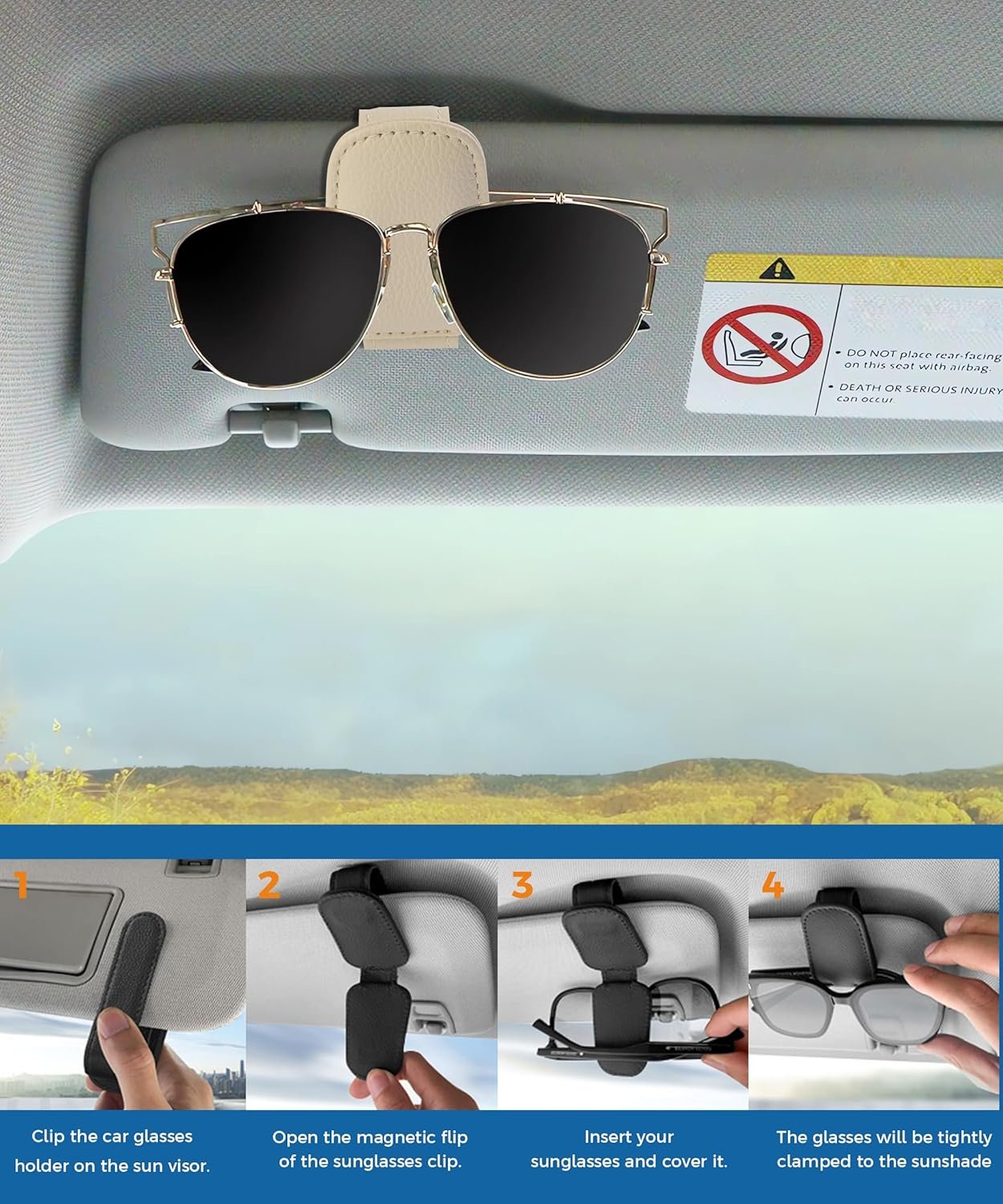 iolory Sunglasses Holder for Car,Car Accessories Interior,Automotive Eyeglasses Hanger,Magnetic Leather Sunglasses Visor Clip Glasses Eyeglass Hanger,Fit Almost All Car Models (Beige)