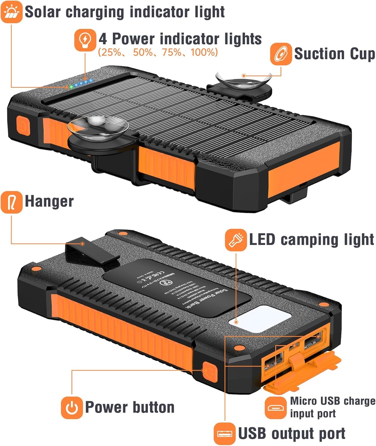 Solar Power Bank 38800mAh Portable Solar Charger 3 Ports Power Bank External Batteries 3 Solar Panels with Flashlight Light/SOS/Strobe, Power Bank for iPhone Samsung and More (Orange-a, 38800mAh)