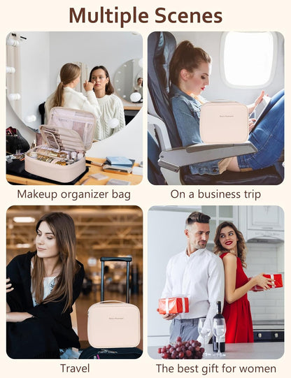 Travel Makeup Bag,Large Cosmetic Bag Case,Waterproof Portable Make Up Bag with Dividers Cosmetics Makeup Brushes Toiletry Jewelry Accessories for Women Girls,Traveler,Christmas (B-Khaki)