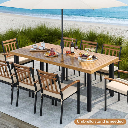 RELAX4LIFE Patio Outdoor Dining Table for 8, 79’’ x 39.5’’ Acacia Wood Rectangular Table w/Slatted Top, Umbrella Hole & Metal Legs, Indoor Outdoor Picnic Bistro Table, 8-Person Patio Dining Table