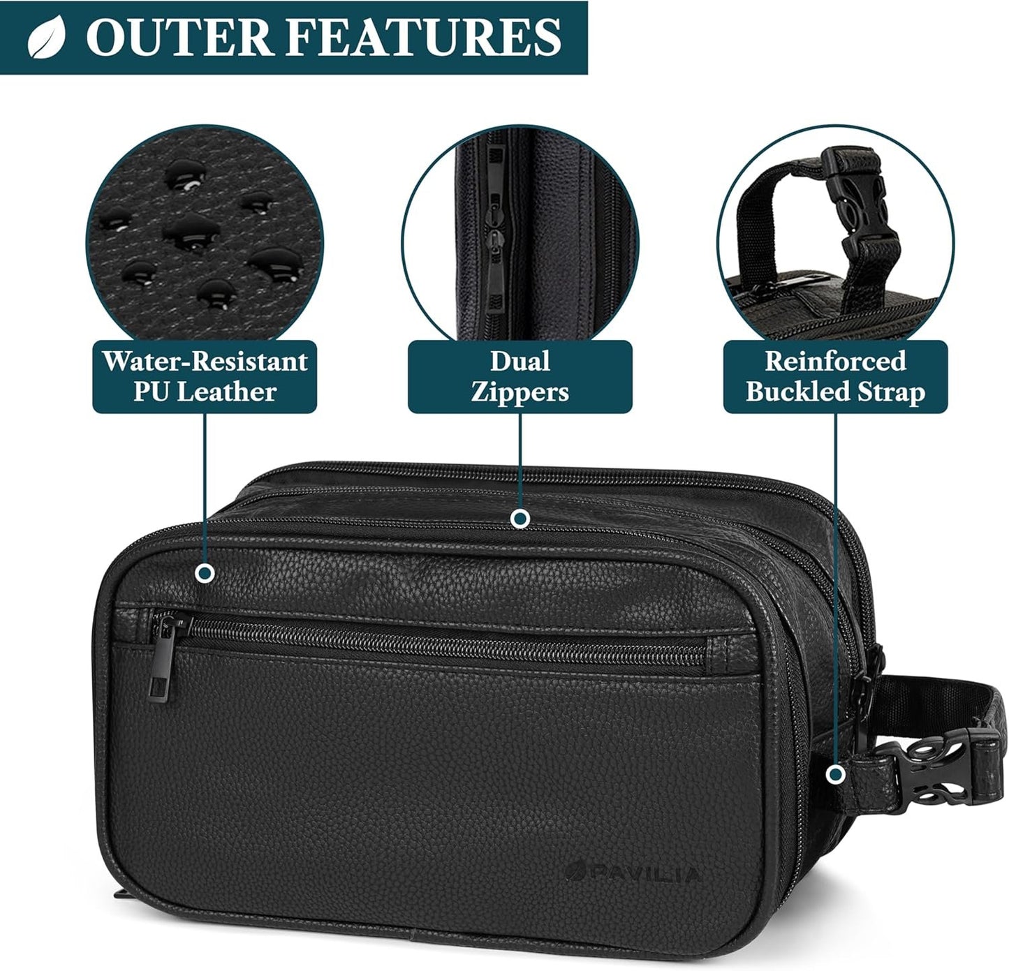 PAVILIA Toiletry Bag for Men, Travel Toiletries Bag | Water-resistant Dopp Kit, PU Leather Shaving Pouch Organizer for Accessories, Cosmetic, Hygiene, Grooming Essentials (Dark Gray), Black, Large