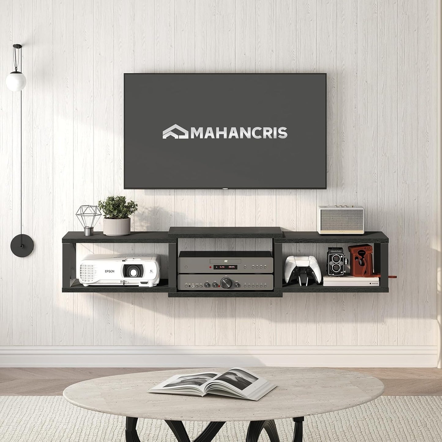 MAHANCRIS ATVHB10101 Floating Wall TV Unit Multimedia Console with Shelves, Floating Entertainment Center for Living Room, Bedroom, Office, Black