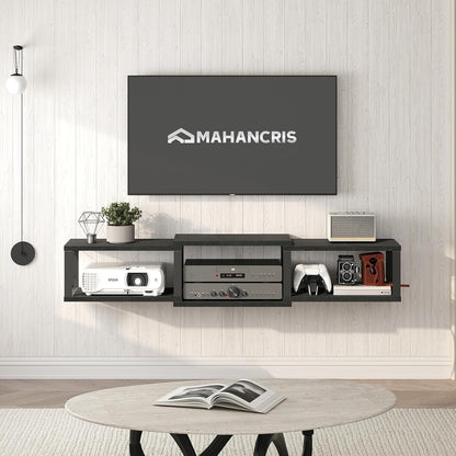 MAHANCRIS ATVHB10101 Floating Wall TV Unit Multimedia Console with Shelves, Floating Entertainment Center for Living Room, Bedroom, Office, Black