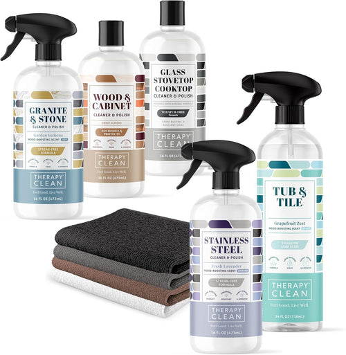 Therapy Clean Home Essentials Bundle - Cleaning Supplies Bundle Kit New Home - House Cleaning Kit - Household Gift Set - Stainless, Granite, Bathroom and Wood with Microfiber Cloths