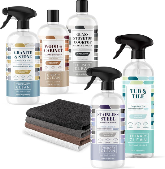 Therapy Clean Home Essentials Bundle - Cleaning Supplies Bundle Kit New Home - House Cleaning Kit - Household Gift Set - Stainless, Granite, Bathroom and Wood with Microfiber Cloths