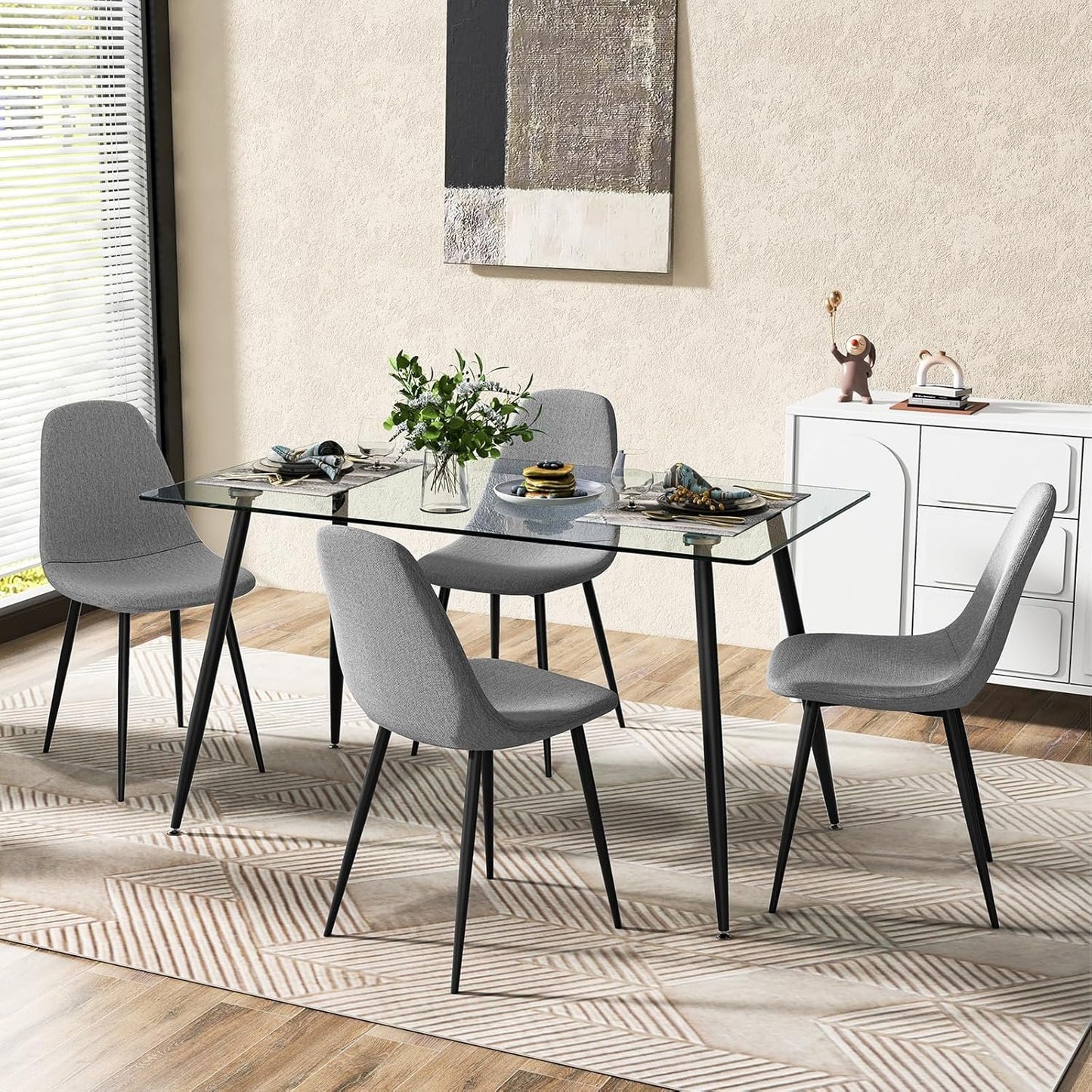 Tangkula Glass Dining Table for 4, 51" Modern Rectangular Table with Spacious Tempered Glass Tabletop & Wood Grain Steel Legs, Simplistic Kitchen Table, Versatile Table for Home Office