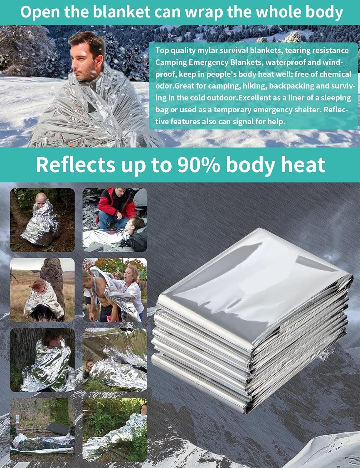 10 PCS Emergency Mylar Thermal Blankets, Waterproof Rescue blanket, Outdoor survival portable emergency blanket, Reflective Camping blanket, Space Blanket Survival kit, Body Warmer Blanket for Outdoor
