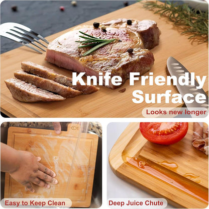 4 Pieces Bamboo Chopping Board with Stand, Thick Cutting Boards Set with Juice Groove, Serving Tray, Cheese Board Mats and Holder, for Cutting Meat, Fruits, Vegetables, Kitchen Tools Gadgets