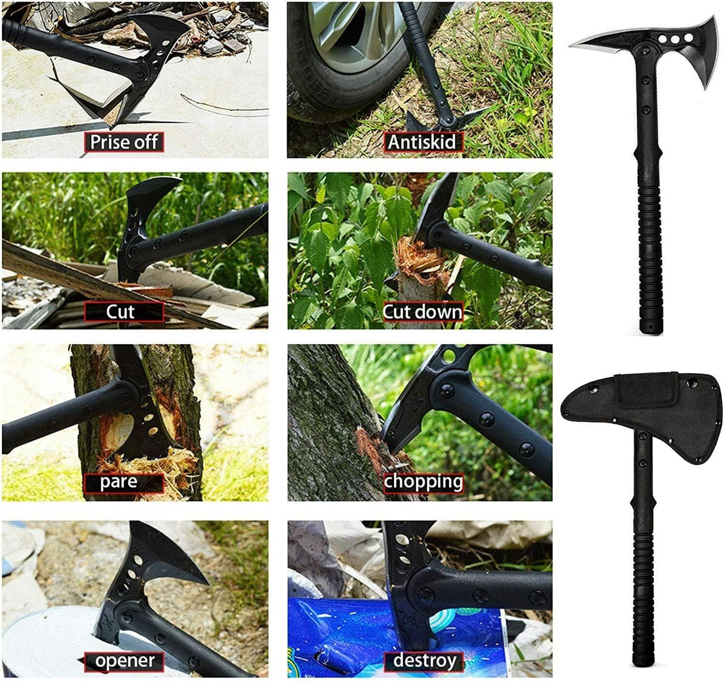 Tactical Tomahawk- Hatchet, Versatile Survival Tactical Axe and Emergency Breaching Tool with Spike for Outdoor Survival Hiking Camping with Non-Slip Handle and Sheath (Camouflage)