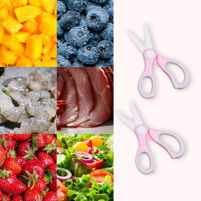 Ceramic Baby Food Scissors - Portable Shears - Healthy Food Cutter with Dust Cover and Storage Case - Cuts Meat, Chicken, Vegetables, Fruits (Pink - 2 Pack)