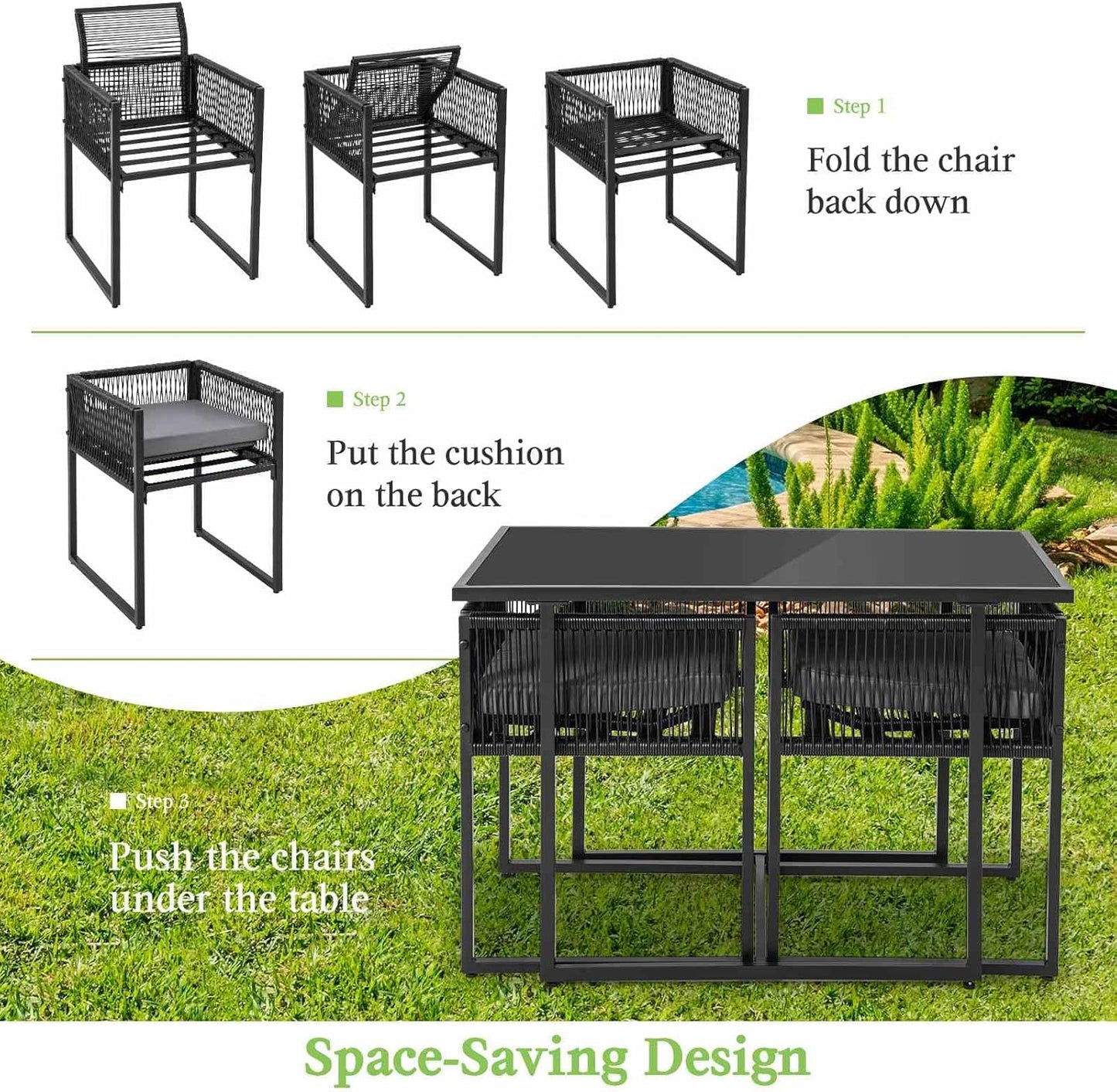 Costway 3 Pieces Outdoor Dining Set, Patio PE Rattan Furniture Set w/Folding Backrest, Cozy Seat Cushions, Tempered Glass Tabletop, Space-Saving Rattan Chair Table Set for Backyard, Poolside