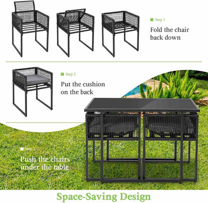 Costway 3 Pieces Outdoor Dining Set, Patio PE Rattan Furniture Set w/Folding Backrest, Cozy Seat Cushions, Tempered Glass Tabletop, Space-Saving Rattan Chair Table Set for Backyard, Poolside
