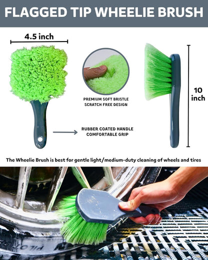 Car Wheel Cleaning Kit: Wheel and Rim Flagged Tip Brush, Bendable Barrel Brush, Wheelie Mitt, Scratch-Free Detail Brush for Rims & Tires - Durable & Multipurpose Clean Wheel Hard to Reach Areas
