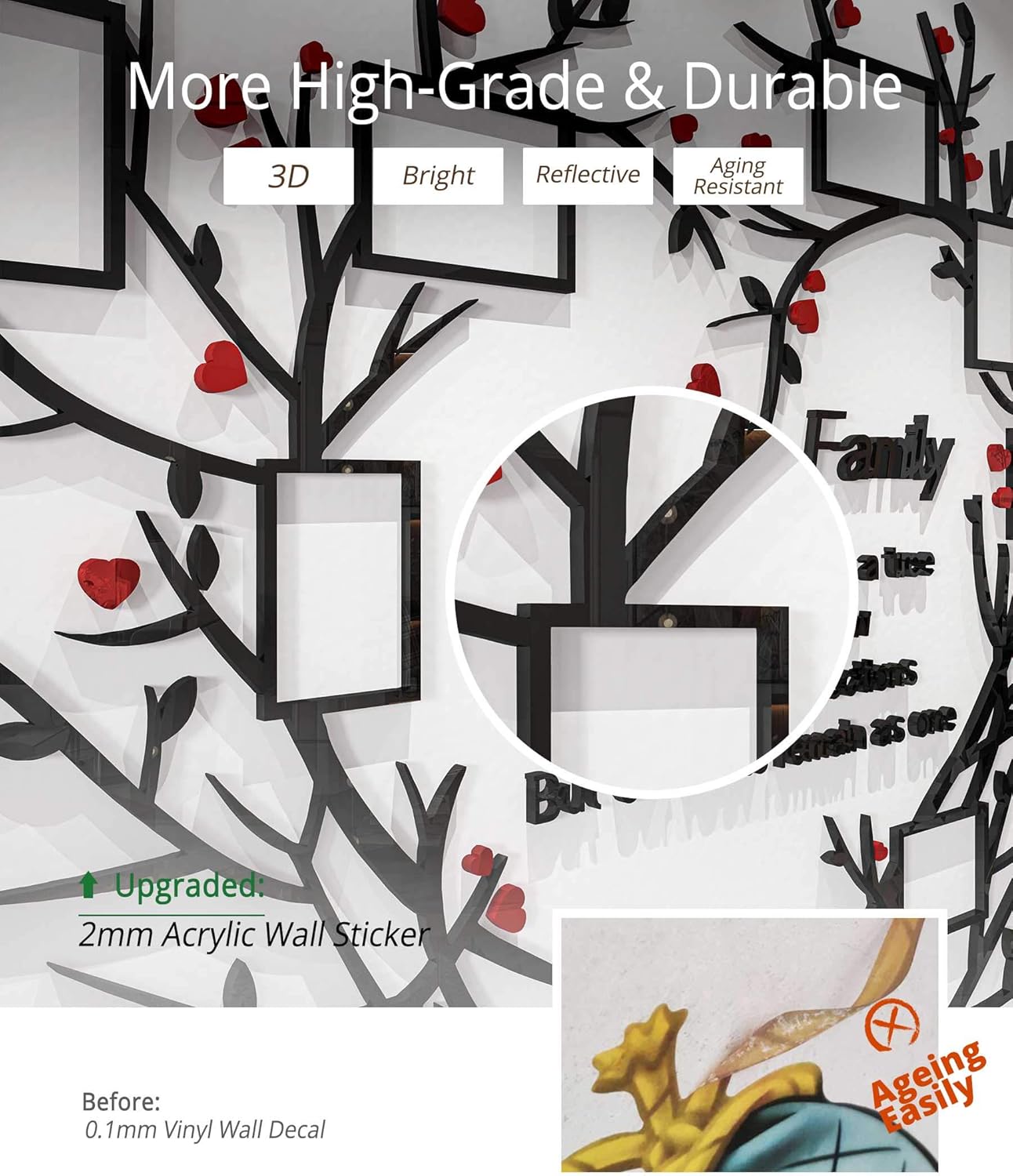 DecorSmart Love Family Tree Wall Decor Picture Frame Collage Removable 3D DIY Acrylic Wall Stickers for Living Room with Red Heart and Quote Family Like Branches on a Tree