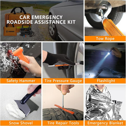 HLWDFLZ Car Emergency Kit - Portable Air Compressor, Roadside & Winter Travel Assistance, Safety Kit for Cars & Trucks (Orange)