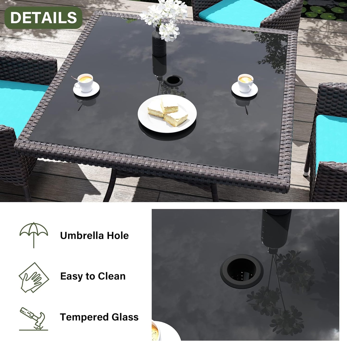 Kurapika 5-Piece Patio Furniture Outdoor Dining Set, Wicker Rattan Patio Dining Table and Chairs Set, Square Tempered Glass Tabletop with Umbrella Hole and 4 Chair Set, Blue