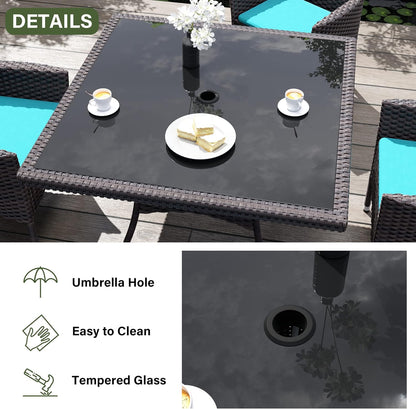 Kurapika 5-Piece Patio Furniture Outdoor Dining Set, Wicker Rattan Patio Dining Table and Chairs Set, Square Tempered Glass Tabletop with Umbrella Hole and 4 Chair Set, Blue