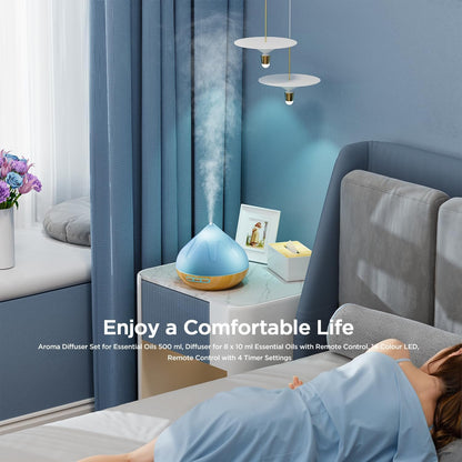 Aroma 500 ML Diffiser with Essential Oils Set, Essential Oil Diffuser with Remote Control, Humidifier with 14 Color Lights for Large Room, 4 Timer Setting, Auto Shut-Off