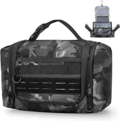 Prokva Hanging Toiletry Bag for Men, Tactical Dopp Kit Toiletry Travel Bag, Large Hygiene Organizer Shower Bag for Camping Outdoor, Black Camo