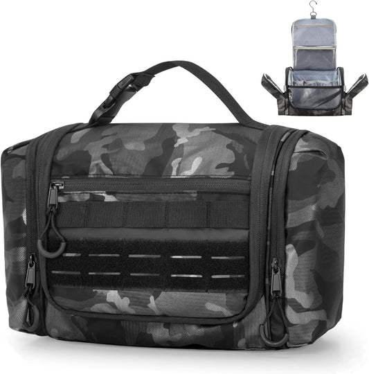 Prokva Hanging Toiletry Bag for Men, Tactical Dopp Kit Toiletry Travel Bag, Large Hygiene Organizer Shower Bag for Camping Outdoor, Black Camo