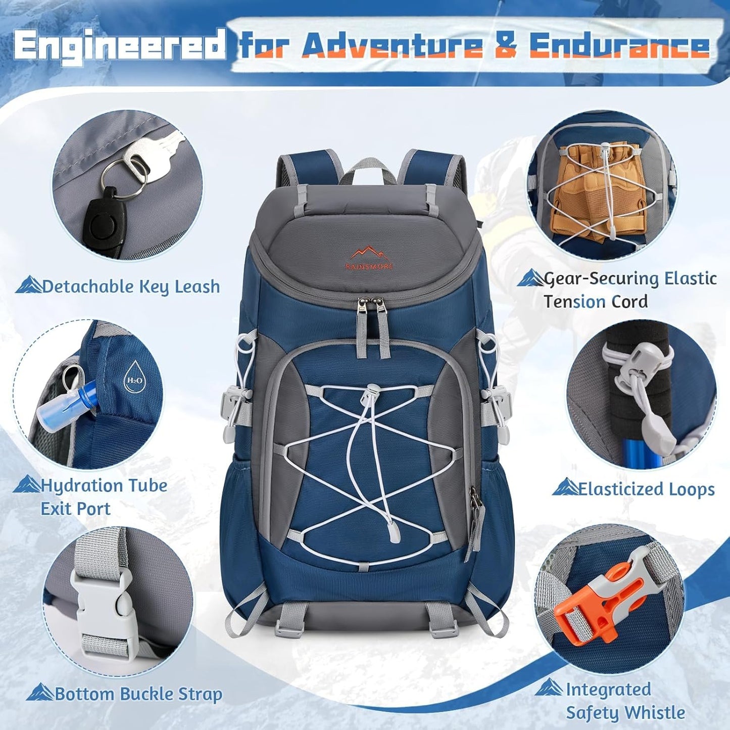 RAINSMORE Packable Hiking Backpack for Men Women Foldable Camping Backpack 40L Waterproof Hiking Daypack Lightweight