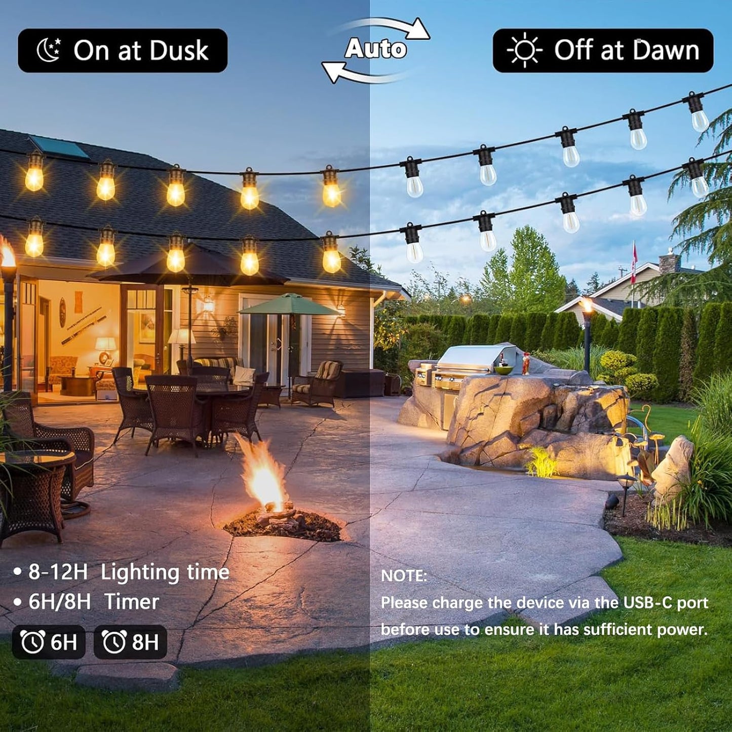 15M Solar Festoon Lights Outdoor, 2700K Warm White Solar Powered String Lights with 2400mAh Battery, 15+1 S14 Festoon Light for Patio Backyard Balcony Gazebo Party Carport